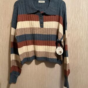 JOLIE & JOY LONG SLEEVE STRIPED HALF BUTTON SWEATER